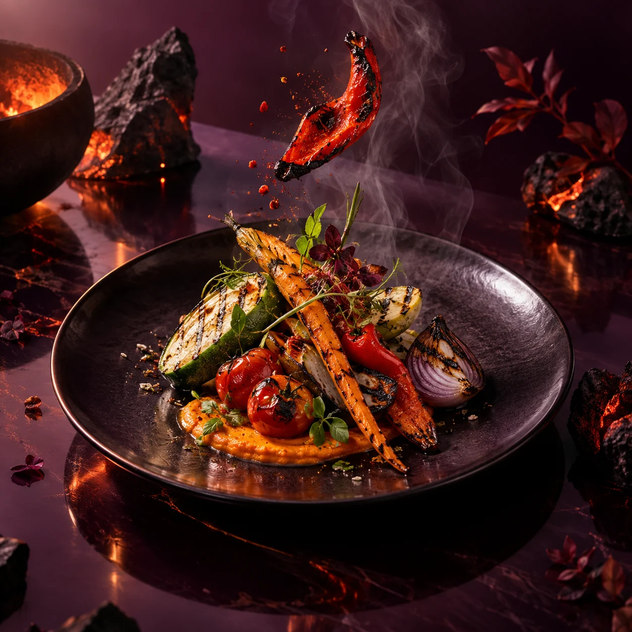 AI concept: a dramatically lit vegetable dish on a dark aubergine table.