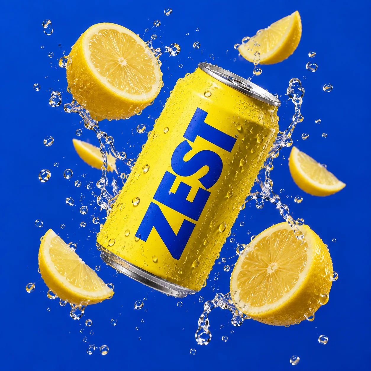 AI concept: a yellow ZEST soda can with floating lemons against a vivid blue background.